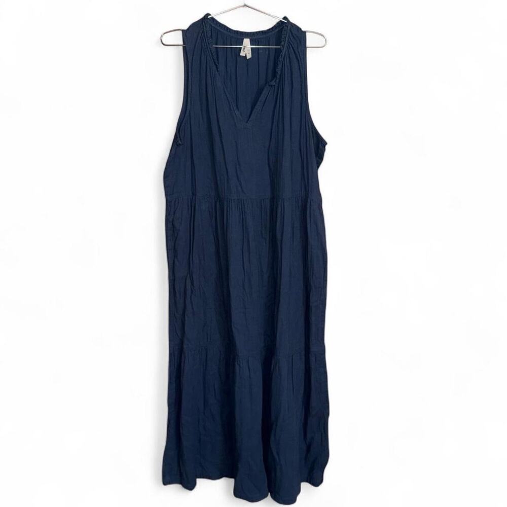 Pact Organic Cotton Navy Maxi Dress Tiered Flowy Old Money Nautical Boho XL